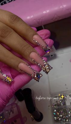 Pink French Tip Junk Nails, Pink Xxl Acrylic Nails, Pink Long Nails With Charms, Long Pink Acrylic Nails With Charms, Xl Long Acrylic Nails Hello Kitty, Rose Nail Art, Big Mama, Long Nail Designs