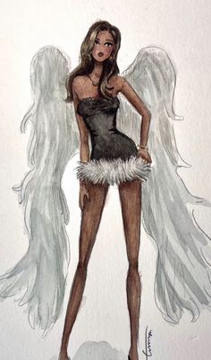 a drawing of a woman with angel wings on her head and body, standing in front of a white background