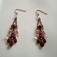 These Are Very Pretty Chandelier Earrings With Purple Enamel And Pink Beads/Crystals Jeweled Dangle Chandelier Earrings, Pink Jeweled Dangle Chandelier Earrings, Elegant Purple Crystal Earrings With Dangling Beads, Elegant Pink Metal Beaded Earrings, Elegant Pink Beaded Metal Earrings, Crystal Chandelier Earrings With Dangling Beads, Pink Metal Dangle Chandelier Earrings, Pink Metal Chandelier Dangle Earrings, Mod Earrings