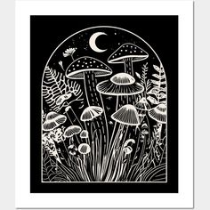 a black and white illustration of mushrooms in the woods with a crescent moon above them