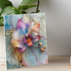 a painting of an orchid on a marble background art board print