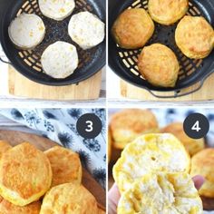 four pictures showing how to make biscuits in a cast iron skillet