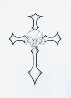 a drawing of a cross with a skull on the front and bottom part of it