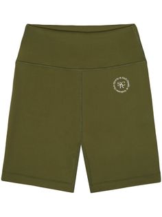 olive green stretch-design logo print to the front high-waisted thigh-length Green High-waisted Biker Shorts Athleisure Style, High-waisted Green Biker Shorts For Gym, Sporty Compressive Green Biker Shorts, Gym Beginners, Green Sporty Moisture-wicking Biker Shorts, Green Compressive Biker Shorts, The Super Puff, Gym For Beginners, Shorts Biker