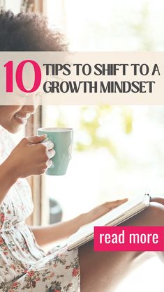 a woman holding a coffee cup and looking at her laptop with the words 10 tips to shift