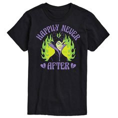 a black t - shirt with the words happily never after printed in purple and green