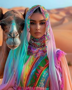 a beautiful woman in colorful clothing standing next to a camel wearing a headdress