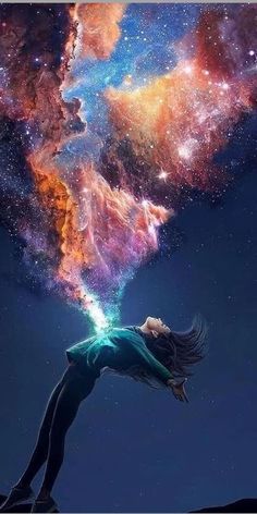 a woman is flying through the air with her head in the clouds and stars above her