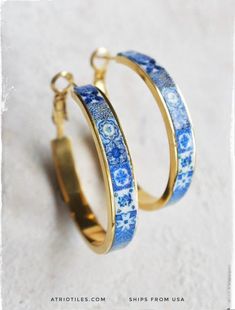 Gold And Blue Earrings, Blue Hoop Earrings, Hoops Earrings, Blue Tiles, Jewelry Lookbook, Jewelry Inspo, Dream Jewelry, Blue Earrings, Ear Jewelry