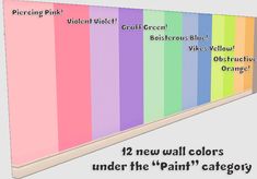 an image of a colorful wall with text on it that says, 12 new wall colors under the paint's category