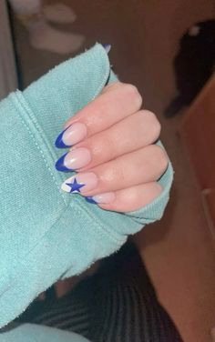 #nails #nailart #naildesign #nailsoftheday #nailsofinstagram #summernails #winternails #fallnails #springnailcolors #bluenails #whitenail #rednails #pinknails #teennails #teenagelife #teencore #summer #summertime #summervibes #summerstyle #y2knail #y2kaesthetic #aesthetic #aestheticnail Short Almond Nails Designs Blue, Acrylic Nail Navy Blue, Short Almond Star Nails, Nail Ideas Sky Blue, Blue Star French Tip Nails, Nail Designs Blue Almond, Birthday Nails Stars, Almond Nails Star Design, Almond Simple Nail Ideas