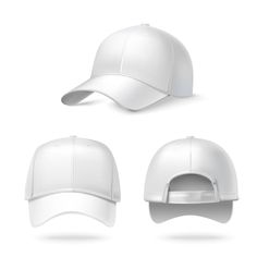 three white baseball caps, one with a visor on the front and one with a flat