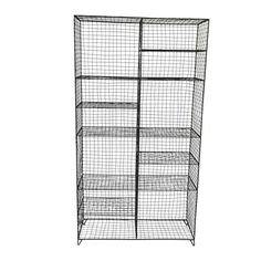 a black wire storage unit with four shelves and two doors on each side, in front of a white background