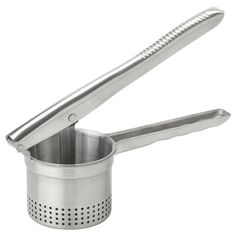 a stainless steel strainer with an open lid and perfored handle, on a white background