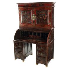 an old wooden desk with two drawers and a cabinet on the top, in front of a white background