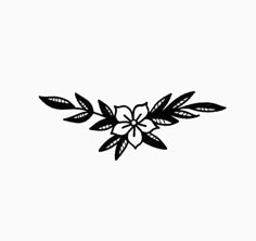 a black and white drawing of a flower with leaves on the bottom half of it