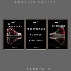 three posters with different shoes on them in black and white, one has red soles