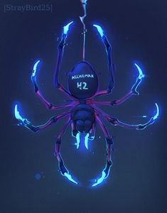 a spider with neon lights on it's back legs and arms, standing in the air