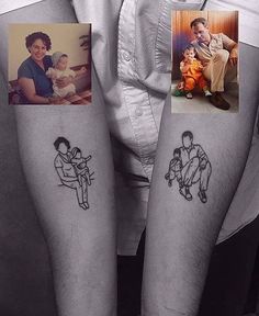 two people with matching tattoos on their arms, one is holding a baby and the other has