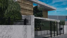 an artist's rendering of a modern house with black iron fence and gated entrance