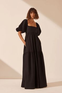 Josephine Square Neck Tiered Maxi Dress | Black | Dresses | Shona Joy – Shona Joy International Square Neck Maxi Dress, Dress With Puffy Sleeves, Perfect White Tee, Short Puff Sleeve, Shona Joy, Black Tie Event, Tiered Maxi Dress, Best Practices, China Fashion