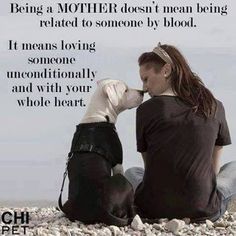 a woman sitting next to a dog on top of a rocky beach with the caption being a mother doesn't mean being related to someone by blood