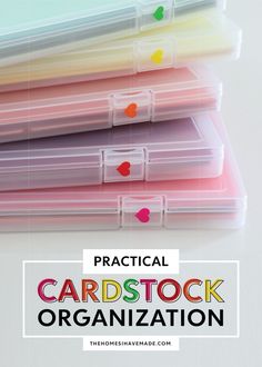 the words practical cardstock organization are shown in front of several plastic containers with hearts on them