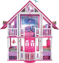 the doll house is pink and white with lots of accessories on it's roof