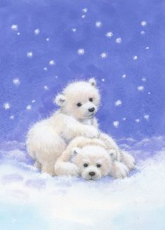 two white polar bears are sitting in the snow