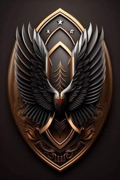 an eagle emblem on a black background with gold trimmings and silver wings, surrounded by stars