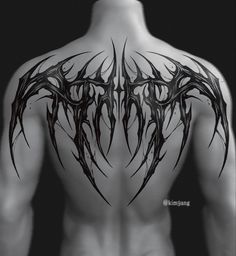 the back of a man's body with black and white tattoos on it