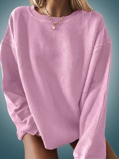 Solid Drop Shoulder Oversized Ribbed Knit Sweatshirt Pink Casual  Long Sleeve Fabric Plain Pullovers Non-Stretch  Women Clothing, size features are:Bust: ,Length: ,Sleeve Length: Women Sweatshirts, Rose Bonbon, Ribbed Knit Sweater, Knit Sweatshirt, Fall Sweaters, Kids Sleepwear, Amazing Products, Top Casual, Long Sleeve Sweatshirts