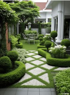 an outdoor garden with green grass and white stepping stones in the center, surrounded by shrubbery