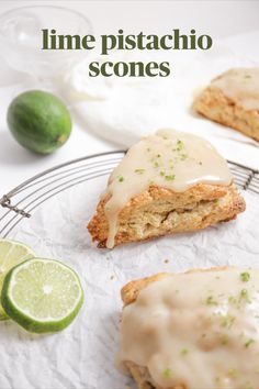 lime pistachio scone, triangle-shaped, with dripping glaze and garnished with lime zest Key Lime Scones Recipe, Coconut Lime Scones, Pistachio French Toast, Key Lime Scones, Pistachio Scones Recipe, Pistachio Scones, Lime Scones, Lime Glaze, Breakfast Recipies