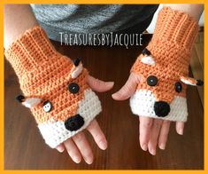 Super soft and fun crocheted kids or adult fox or wolf fingerless gloves would make a great gift!  These cute fox or wolf fingerless gloves fit kids 4-12 or adult size too! The fox gloves are desert orange and white.  The gloves have a stretchy wristband, black button eyes, a black crocheted nose and a desert orange nose bridge too.  The ears are the same color as the gloves with a white inner ear and black tips.  The ears stand up on the back of the hand.  The glove is hand crocheted and the button eyes are hand sewn on. The wolf is light grey and white.  The gloves have a stretchy wristband, black button eyes, a black crocheted nose and a grey nose bridge.  The ears are the same color as the gloves with a white inner ear.  The ears stand up on the back of the hand.  The glove is hand cro Fox Gloves, Fingerless Gloves Crochet Pattern, Crochet Stocking, Crochet Gloves Pattern, Gloves Pattern, Fox Embroidery, Crochet Fingerless Gloves, Crochet Mittens, Crochet Gloves