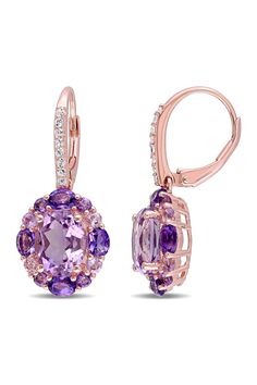 Sterling silver amethyst, white topaz, and rose de France mixed halo prong set dangle earrings. Post hinge closure. Approx. 28.9mm H x 13mm W. ImportedOrders cannot be shipped to Canada, Puerto Rico, APO, FPO or P.O. Boxes. Halo Earrings, Leverback Earrings, Topaz Gemstone, Online Earrings, Floral Earrings, Amethyst Gemstone, White Topaz, 18k Rose Gold, Beautiful Jewelry