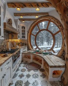 a kitchen with an oval window in the center and a wooden bench on the side