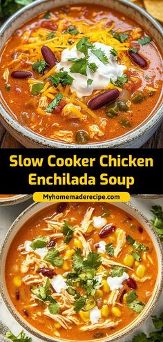 two bowls of slow cooker chicken enchilada soup