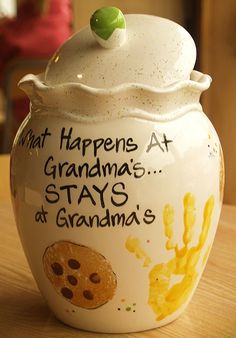 a ceramic cookie jar that says what happens at grandma's stays at grandma's