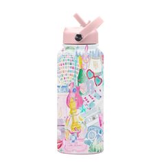 a pink water bottle with an image of clothes and accessories on the front, against a white background