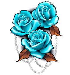 three blue roses with leaves and pearls on the end of each rose is shown in this drawing