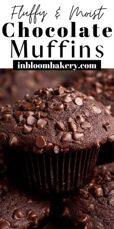 chocolate muffins stacked on top of each other with text overlay reading fluffy & moist chocolate muffins