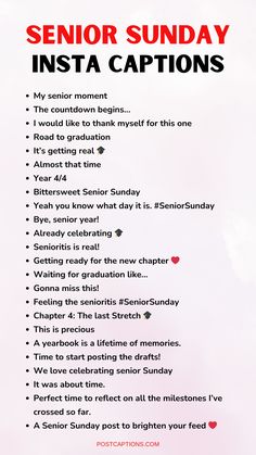 a red and white poster with the words senior sunday insta captions on it