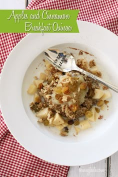 apples and cinnamon breakfast quinoa on a white plate