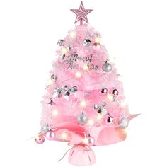 a pink christmas tree with lights and decorations