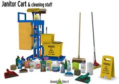 the janitor cart and cleaning stuff is shown