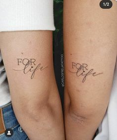 two people with matching tattoos on their arms that say for coffee and for life in cursive writing