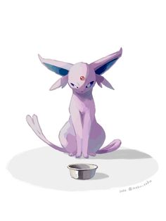 a pink cat sitting next to a bowl with wings on it's back legs