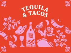 tequila and tacos on a red background