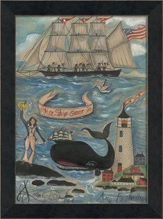 Spicher & Company MI Her Ship Came In 94276 Dark Nautical Aesthetic, Folk Art Whale, Cape Cod Decor, Nautical Interior, Maritime Art, Antique Folk Art, Blue Hill, Landscape Art Painting, Visual Aids